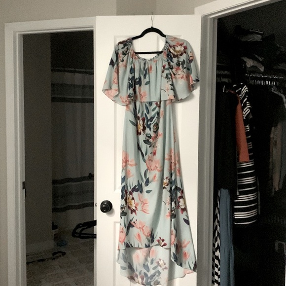 Pretty By Rory Off-Shoulder Hi-Lo Dress, Size Small, Pale Blue Floral - Picture 2 of 2